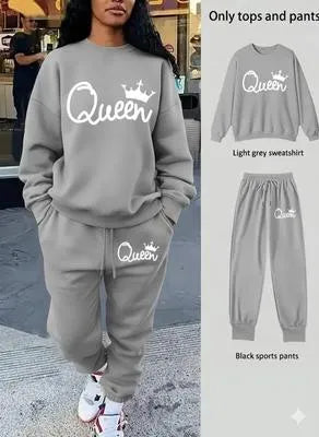 Women's Stitched Fleece Printed Sweatshirt Tracksuit