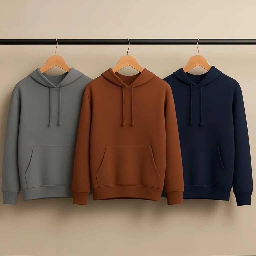3 Pcs Men’s Plain Fleece Hoodies