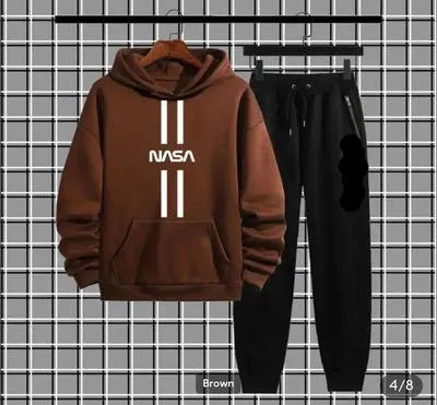 Men’s Brown Fleece Printed Hoodie Track Suit